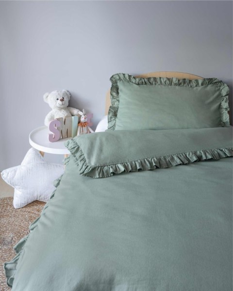 Pościel bawełniana 90x120 miętowa dziecięca jednobarwna z falbanką Mayamoo 35 Pościel bawełniana 90x120 miętowa dziecięca jednobarwna z falbanką Mayamoo 35