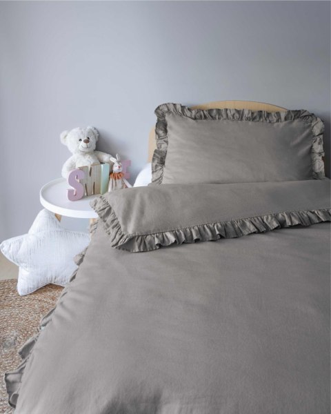 Pościel bawełniana 90x120 szara ciemna dziecięca jednobarwna z falbanką Mayamoo 35 Pościel bawełniana 90x120 szara ciemna dziecięca jednobarwna z falbanką Mayamoo 35