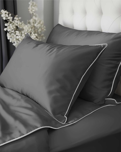 Pościel satynowa 180x200 szara z lamówką Mako Satin 62 Pościel satynowa 180x200 szara z lamówką Mako Satin 62