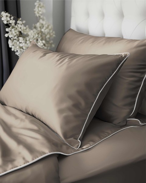 Pościel satynowa 180x200 taupe z lamówką Mako Satin 62 Pościel satynowa 180x200 taupe z lamówką Mako Satin 62