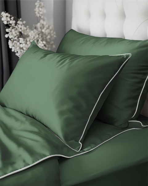 Pościel satynowa 180x200 zielona z lamówką Mako Satin 62 Pościel satynowa 180x200 zielona z lamówką Mako Satin 62