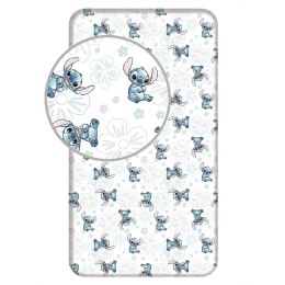 Prześcieradło bawełniane z gumką 90x200 Lilo I Stitch Ohana białe niebieskie dla dzieci JF24