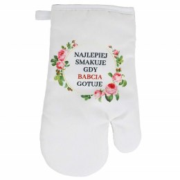 Rękawica kuchenna 17x28 biała napisy Babcia Gotuje