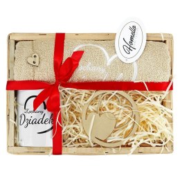 Zestaw upominkowy dla Dziadka 28x28x9 ręcznik 50x100 beżowy + kubek 330ml + drewniana podkładka