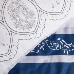 Pościel satynowa 160x200 1542/1 biała niebieska paski ornamenty Satynlove
