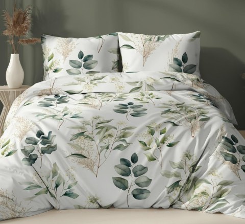 Pościel satynowa 160x200 biała zielona liście zapinana na suwak 5070 A - Karo Satin 160 Pościel satynowa 160x200 biała zielona liście zapinana na suwak 5070 A - Karo Satin 160