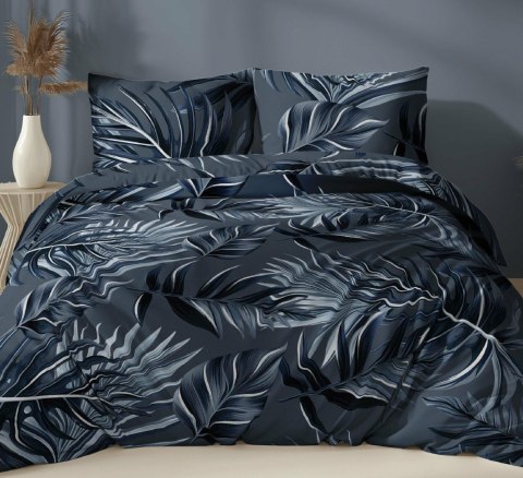 Pościel satynowa 160x200 granatowa liście zapinana na suwak 4882 B - Karo Satin 160 Pościel satynowa 160x200 granatowa liście zapinana na suwak 4882 B - Karo Satin 160