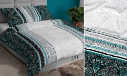 Pościel satynowa 160x200 turkusowa szara ornamenty zapinana na suwak 3907 C KARO Satin