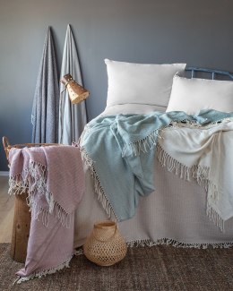 Koc bawełniany akrylowy 200x220 beżowy z frędzlami jacquard 126jb