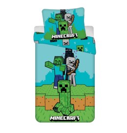 Pościel bawełniana 140x200 Minecraft Mobs Here niebieska zielona poszewka 70x90 JF 02