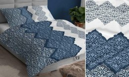 Poszewka satynowa 50x60 granatowa biała geometria zapinana na suwak 3065 A KARO Satin