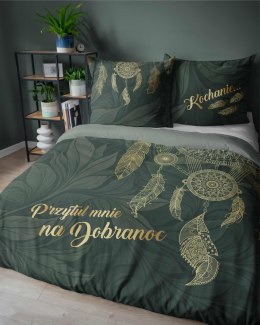 Pościel bawełniana 220x200 5123A zielona butelkowa złota liście napisy Holland Home 33
