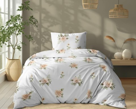 Pościel bawełniana 140x200 Biała w beżowe róże - elegancki wzór vintage, 100% bawełna - 5342 A - Soft Meadow Pościel bawełniana 140x200 Biała w beżowe róże - elegancki wzór vintage, 100% bawełna - 5342 A - Soft Meadow