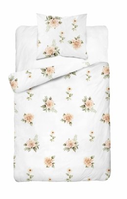 Pościel bawełniana 140x200 Biała w beżowe róże - elegancki wzór vintage, 100% bawełna - 5342 A - Soft Meadow