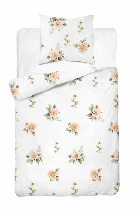 Pościel bawełniana 140x200 Biała w beżowe róże - elegancki wzór vintage, 100% bawełna - 5342 A - Soft Meadow Pościel bawełniana 140x200 Biała w beżowe róże - elegancki wzór vintage, 100% bawełna - 5342 A - Soft Meadow