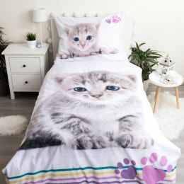 Pościel bawełniana 140x200 Kotek 2658 kot Cat biała kolorowe kocie łapki dwustronna poszewka 70x90