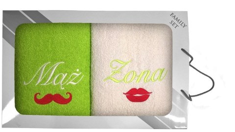 Komplet ręczników w pudełku 2 szt. 70x140 Mąż Żona Usta Wąsy seledynowy 12 kremowy Komplet ręczników w pudełku 2 szt. 70x140 Mąż Żona Usta Wąsy seledynowy 12 kremowy