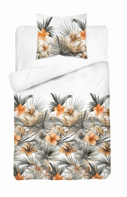 Pościel satynowa 140x200 Biała w pomarańczowe kwiaty i palmy - styl tropikalny, 100% bawełna - 5479 A - Home Satin 71