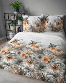 Pościel satynowa 140x200 Biała w pomarańczowe kwiaty i palmy - styl tropikalny, 100% bawełna - 5479 A - Home Satin 71