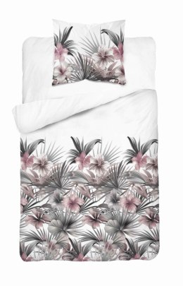 Pościel satynowa 140x200 Biała z liśćmi palmowymi i różowymi hibiskusami - styl tropikalny, 100% bawełna - 5479 B - Home Satin 7
