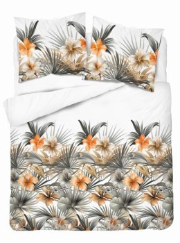 Pościel satynowa 160x200 Biała w pomarańczowe kwiaty i palmy - styl tropikalny, 100% bawełna - 5479 A - Home Satin 71