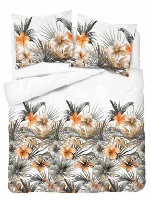 Pościel satynowa 160x200 Biała w pomarańczowe kwiaty i palmy - styl tropikalny, 100% bawełna - 5479 A - Home Satin 71 Pościel satynowa 160x200 Biała w pomarańczowe kwiaty i palmy - styl tropikalny, 100% bawełna - 5479 A - Home Satin 71