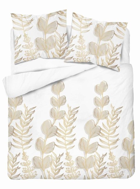 Pościel satynowa 160x200 Biała w złoto-beżowe liście - elegancki wzór, 100% bawełna 5477 B - Home Satin 71