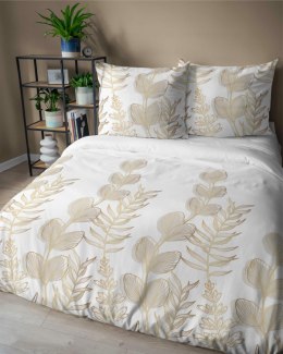 Pościel satynowa 160x200 Biała w złoto-beżowe liście - elegancki wzór, 100% bawełna 5477 B - Home Satin 71
