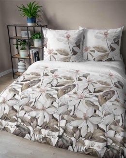 Pościel satynowa 160x200 Biała z beżowymi liśćmi i kwiatami - naturalna elegancja, 100% bawełna - 5481 B - Home Satin 71