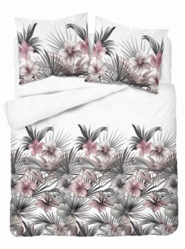 Pościel satynowa 160x200 Biała z liśćmi palmowymi i różowymi hibiskusami - styl tropikalny, 100% bawełna - 5479 B - Home Satin 7