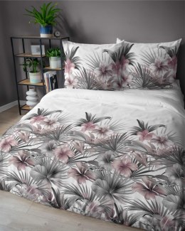 Pościel satynowa 160x200 Biała z liśćmi palmowymi i różowymi hibiskusami - styl tropikalny, 100% bawełna - 5479 B - Home Satin 7