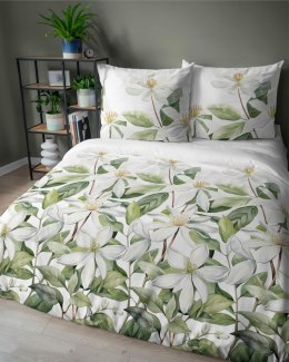 Pościel satynowa 160x200 Biała z zielonymi liśćmi i kwiatami - botaniczna świeżość, 100% bawełna - 5481 A - Home Satin 71
