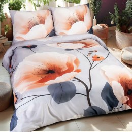Pościel satynowa 160x200 Kwiaty szara morelowa 12409 SATYNLOVE PREMIUM