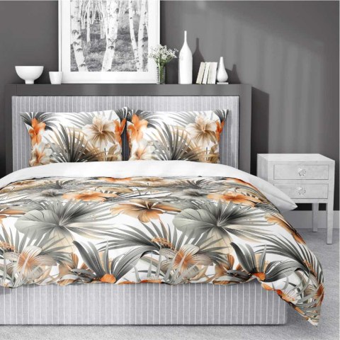 Pościel satynowa 220x200 Biała w pomarańczowe kwiaty i palmy - styl tropikalny, 100% bawełna - 5479 A - Home Satin 71 Pościel satynowa 220x200 Biała w pomarańczowe kwiaty i palmy - styl tropikalny, 100% bawełna - 5479 A - Home Satin 71