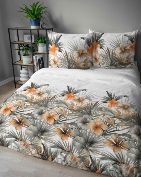 Pościel satynowa 220x200 Biała w pomarańczowe kwiaty i palmy - styl tropikalny, 100% bawełna - 5479 A - Home Satin 71 Pościel satynowa 220x200 Biała w pomarańczowe kwiaty i palmy - styl tropikalny, 100% bawełna - 5479 A - Home Satin 71