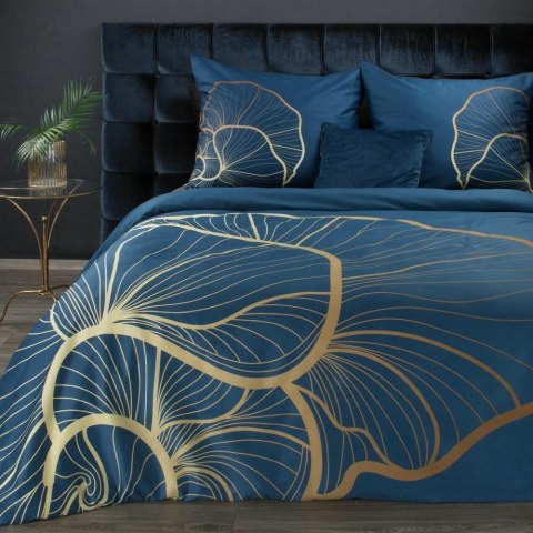 Pościel satynowa 220x200 Premium 4 niebieska musztardowa złota liście miłorzębu Eurofirany Pościel satynowa 220x200 Premium 4 niebieska musztardowa złota liście miłorzębu Eurofirany