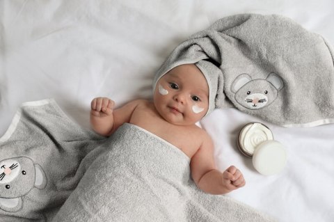 Okrycie kąpielowe 100x100 Baby 71 srebrny myszka ręcznik z kapturkiem 350 g/m2 Eurofirany Okrycie kąpielowe 100x100 Baby 71 srebrny myszka ręcznik z kapturkiem 350 g/m2 Eurofirany