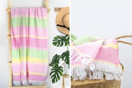 Ręcznik plażowy 90x180 For Her różowy zielony pasy z frędzlami Plaża 23