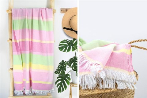 Ręcznik plażowy 90x180 For Her różowy zielony pasy z frędzlami Plaża 23 Ręcznik plażowy 90x180 For Her różowy zielony pasy z frędzlami Plaża 23