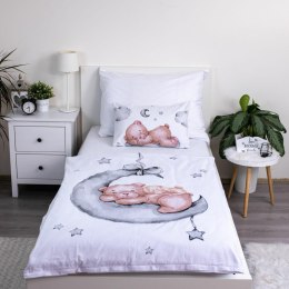 Pościel bawełniana 100x135 Miś księżyc wstążka biała szara poszewka 40x60 JF24