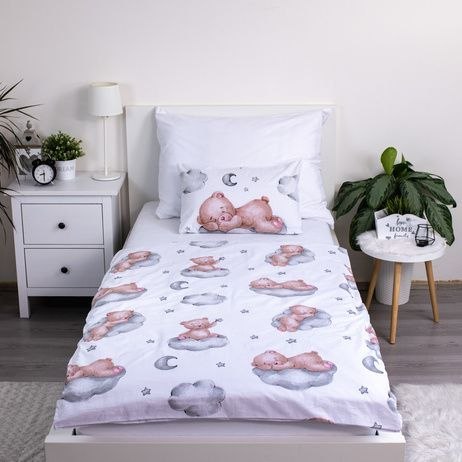 Pościel bawełniana 100x135 Miś księżyc wstążka biała szara poszewka 40x60 JF24 Pościel bawełniana 100x135 Miś księżyc wstążka biała szara poszewka 40x60 JF24
