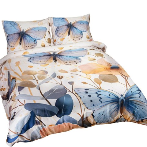 Pościel satynowa 220x200 Motyle kremowa niebieska 12410 SATYNLOVE PREMIUM