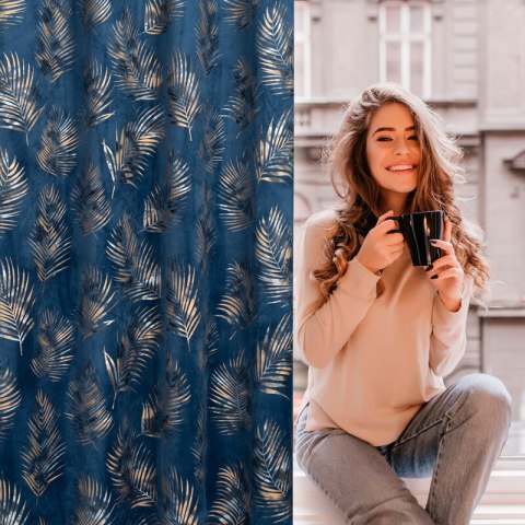 Zasłona 140x300 Gloria granatowa szampańska liście welurowa gotowa na taśmie Eurofirany Zasłona 140x300 Gloria granatowa szampańska liście welurowa gotowa na taśmie Eurofirany