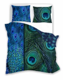 Pościel satynowa 160x200 Nobile 007 turkusowa zielona pawie oko pióra Faro