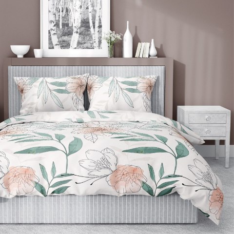 Pościel satynowa 180x200 4457 A biała zielona pudrowa kwiaty liście Home Satin 126 Pościel satynowa 180x200 4457 A biała zielona pudrowa kwiaty liście Home Satin 126
