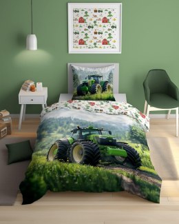 Pościel świecąca w ciemności 160x200 zielony traktor w górach 5551 A - Fluo 95