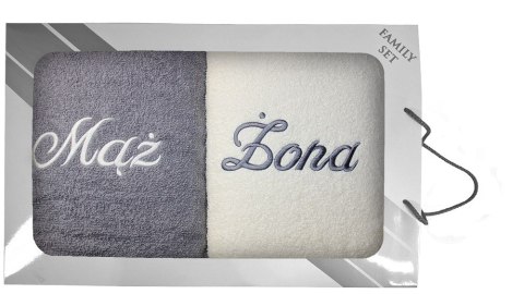 Komplet ręczników w pudełku 2 szt. 70x140 Mąż Żona szary jasny kremowy Komplet ręczników w pudełku 2 szt. 70x140 Mąż Żona szary jasny kremowy