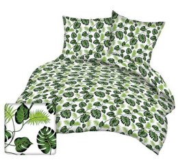 Pościel z kory 160x200 178a biała liście zielone Monstera gałązki palmy na guziki bawełna